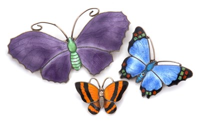 Lot 122 - Three silver and enamelled butterfly brooches:...