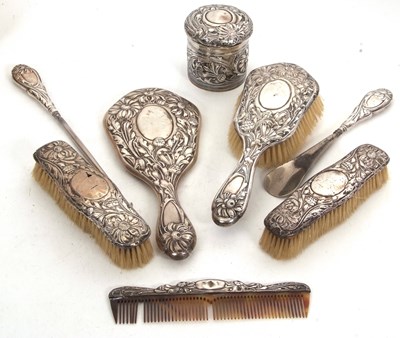 Lot 212 - Eight pieces of silver backed dressing table...