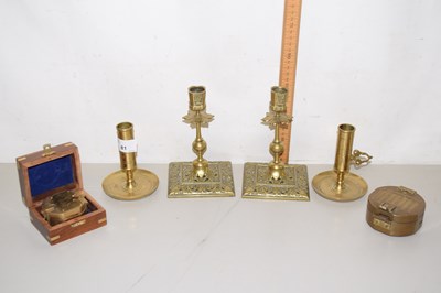 Lot 81 - 2 PAIRS BRASS CANDLESTICKS WITH BRASS COMPASSES
