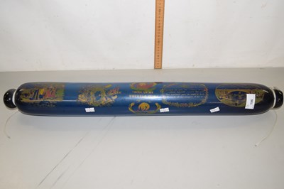 Lot 196 - A large blue glass rolling pin with painted...