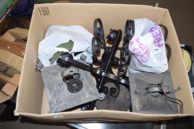 Lot 795 - Box containing lanterns, wrought iron light...