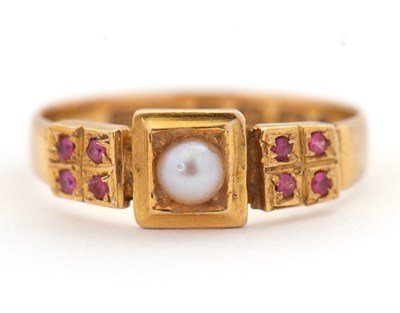 Lot 19 - A late Victorian 18ct ruby and pearl ring, the...