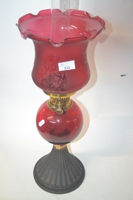 Lot 332 - Victorian oil lamp with cranberry glass...