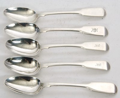 Lot 94 - A group of five fiddle pattern teaspoons to...