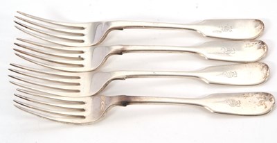 Lot 99 - Three Victorian fiddle pattern dessert forks,...