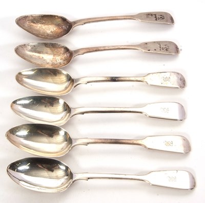 Lot 108 - Six silver fiddle pattern tablespoons to...