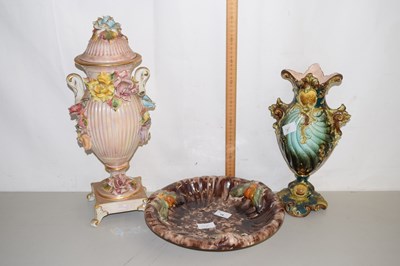 Lot 15 - Two floral decorated vases and a further fruit...