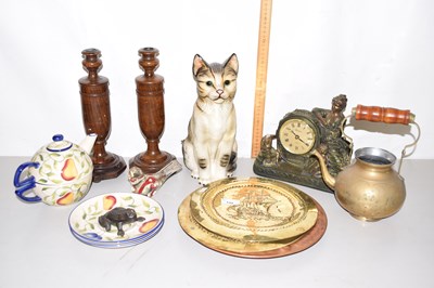 Lot 132 - Mixed Lot: Pair of wooden candlesticks, mantel...