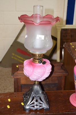 Lot 325 - Victorian oil lamp with frilled shade and pink...