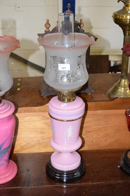 Lot 327 - Victorian oil lamp with frilled shade and pale...