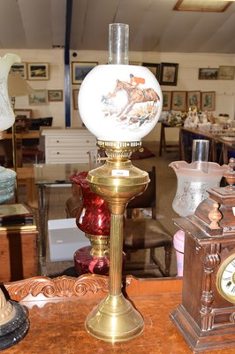 Lot 355 - Oil lamp with fox hunting decorated shade and...