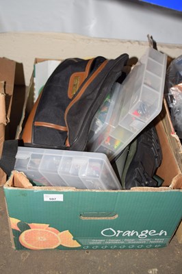Lot 597 - Box of various fishing equipment to include...