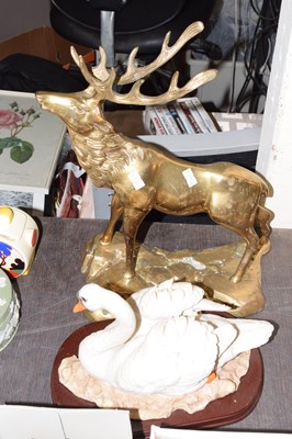 Lot 677 - Brass model of a stag and resin model of a swan