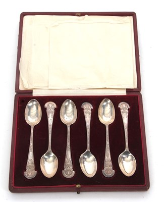 Lot 247 - A cased set of six Edwardian silver "Rifle...