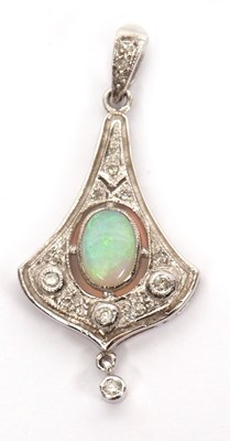 Lot 102 - A 9ct opal and diamond pendant, the early 20th...