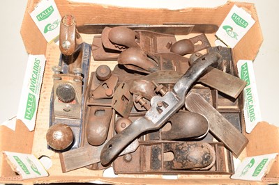 Lot 74 - A box of various woodworking planes, spoke...