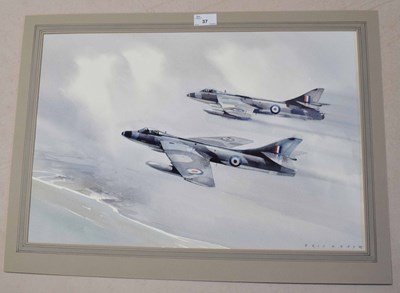 Lot 248 - Watercolour of RAF jets over the coast, signed...