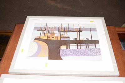 Lot 820 - Boats at dock, print by R J Croft, framed