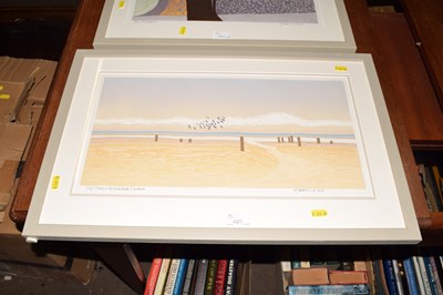 Lot 821 - Plovers on the back beach by R J Croft, print,...
