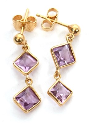 Lot 88 - A pair of 18ct amethyst earrings, the square...
