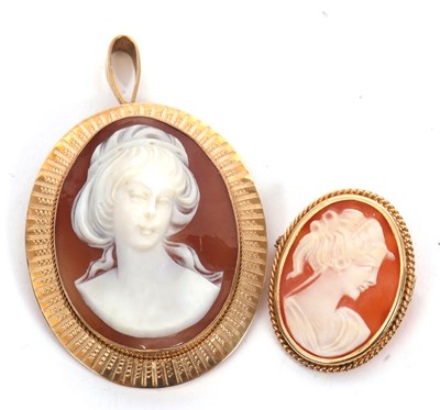 Lot 147 - Two 9ct cameo brooches: one with oval shell...