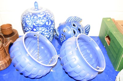 Lot 15 - Two hanging ceramic pot holders, Chinese jar...