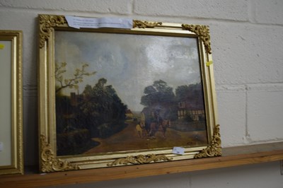 Lot 29 - Oil on canvas of a village scene with horses...