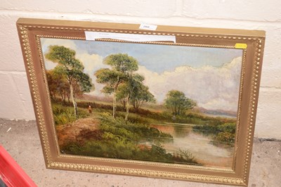 Lot 260 - Oil on board landscape with female figures