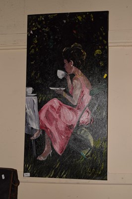 Lot 715 - An oil on canvas of a seated lady in a garden...