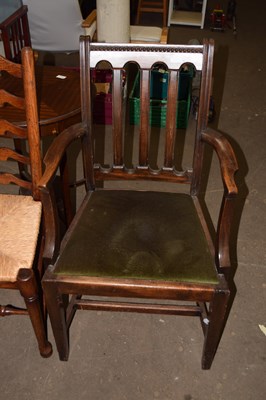 Lot 774 - Three bar back oak armchair with velvet seat