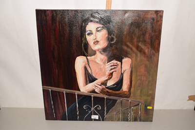 Lot 535 - Portrait of a lady on a balcony, oil on canvas,...