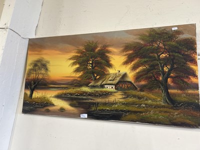 Lot 733 - Sunset view of a thatched cottage, oil on...