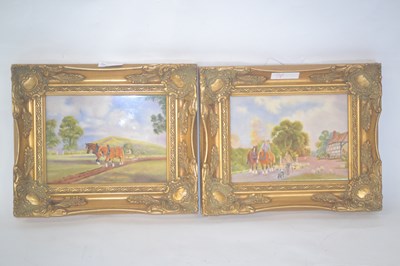 Lot 287 - Pair of porcelain plaques with a hunting scene...