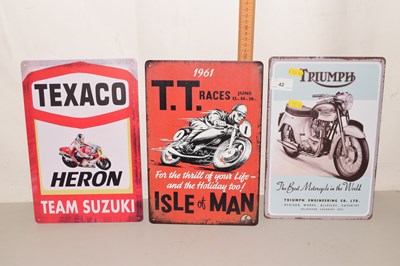 Lot 42 - Three reproduction motorcycle related metal signs