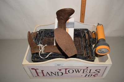 Lot 507 - Cast iron cobblers last, baskets etc