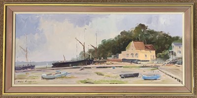 Lot 27 - Geoffrey Burrows (b.1934),"Barges at Pin Mill...