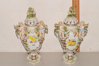 Lot 72 - A pair of continental floral encrusted vases...