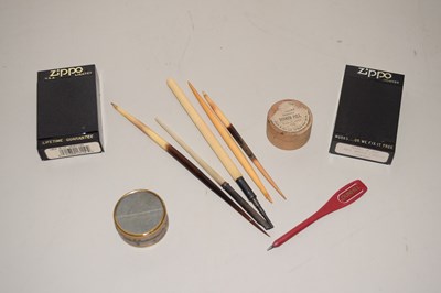 Lot 108 - Mixed Lot of Ephemera, Zippo Lighters, Quill Pens etc
