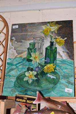 Lot 546 - Still life study of daffodils and flowers in a...