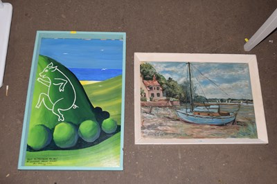 Lot 729 - Boat on the shore, oil on board, signed P...