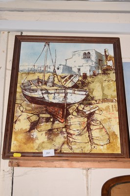 Lot 201 - An oleograph on board study of moored boats