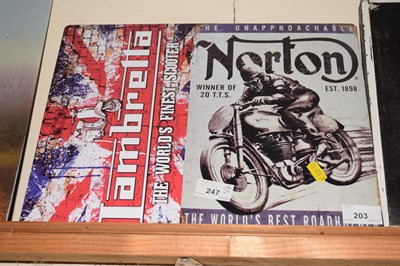 Lot 203 - Two reproduction metal motorcycle signs Norton...