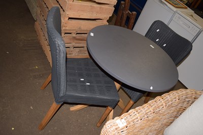Lot 645 - Modern pedestal table and two wicker work chairs