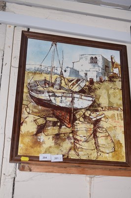 Lot 204 - An oleograph on board study of moored boats