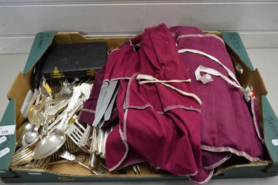 Lot 129 - LARGE BOX VARIOUS SILVER PLATED CUTLERY,...