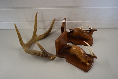 Lot 142 - PAIR OF HARDWOOD BOOKENDS WITH ANTELOPE...