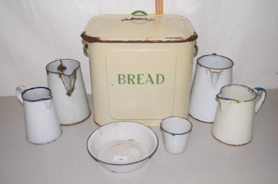 Lot 130 - A enamel bread bin, various enamel jugs etc