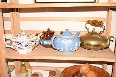 Lot 591 - Three various teapots together with a copper...