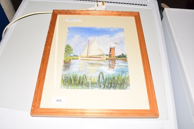 Lot 665 - Watercolour study of Turf Fen Mill, framed and...