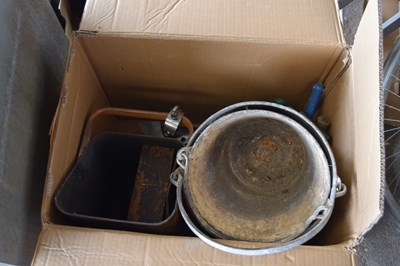 Lot 350 - Box of mixed garden tools, buckets, footpump etc